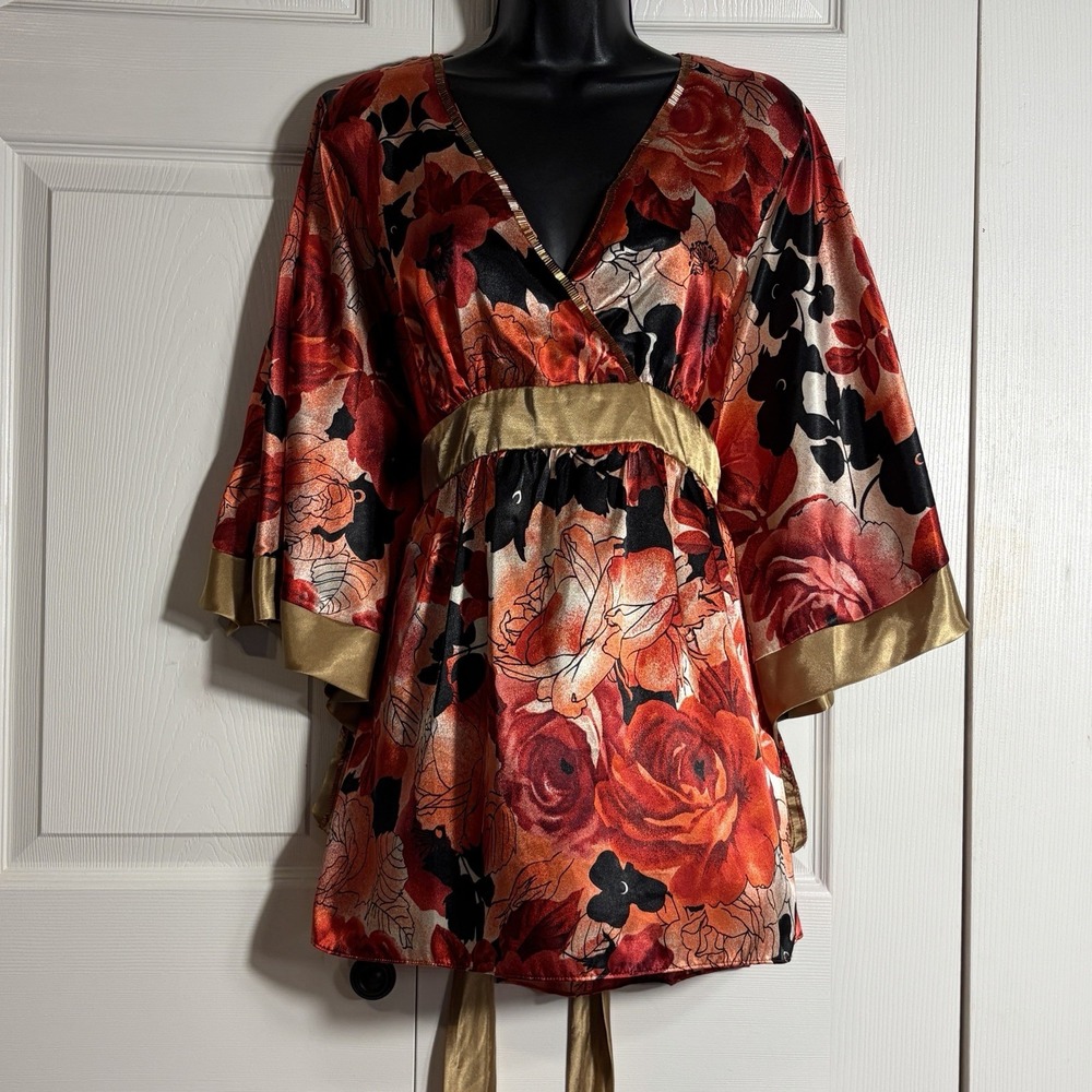 Vintage Allison Taylor Kimono Sleeve Top Women M Red Floral Faux Wrap Babydoll